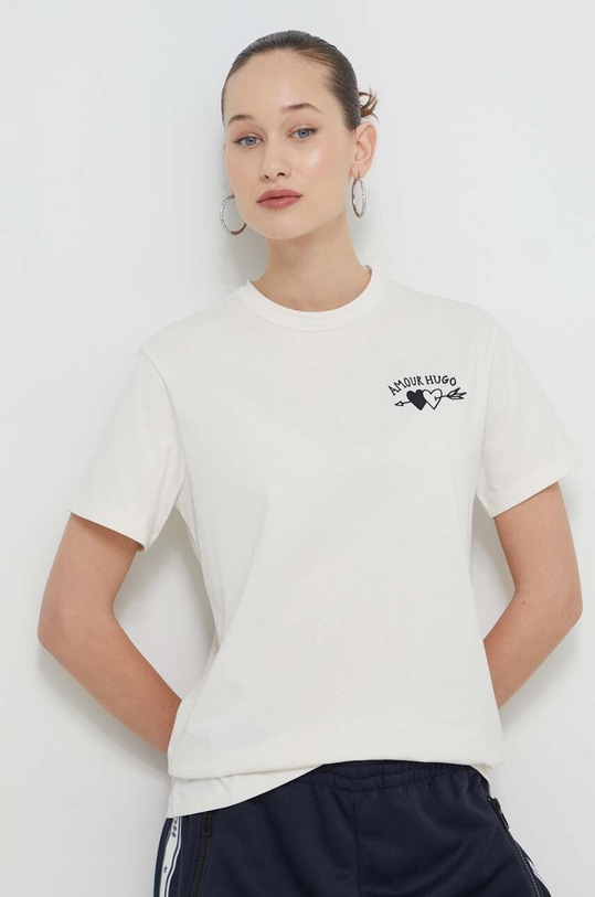 HUGO t-shirt bawełniany nadruk beżowy 50518315