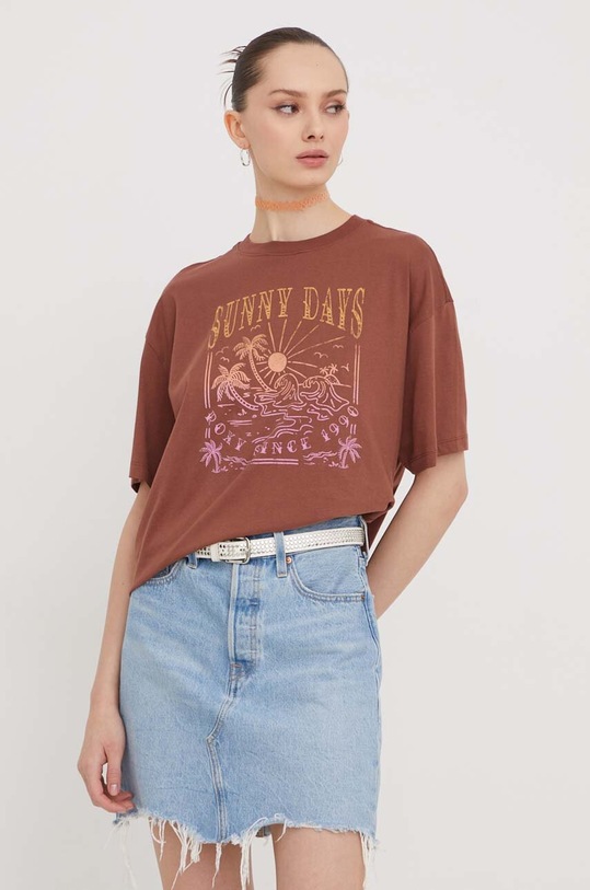 Roxy t-shirt bawełniany nadruk brązowy ERJZT05691