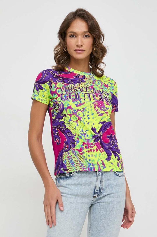 Bombažna kratka majica Versace Jeans Couture Vzorčasti pisana 76HAH6P3.JS350