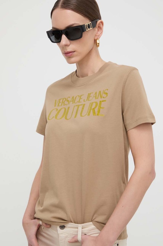 Bavlněné tričko Versace Jeans Couture béžová 76HAHG03.CJ00G