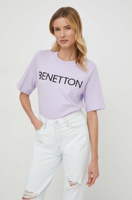 United Colors of Benetton t-shirt bawełniany nadruk fioletowy 3BL0D1064