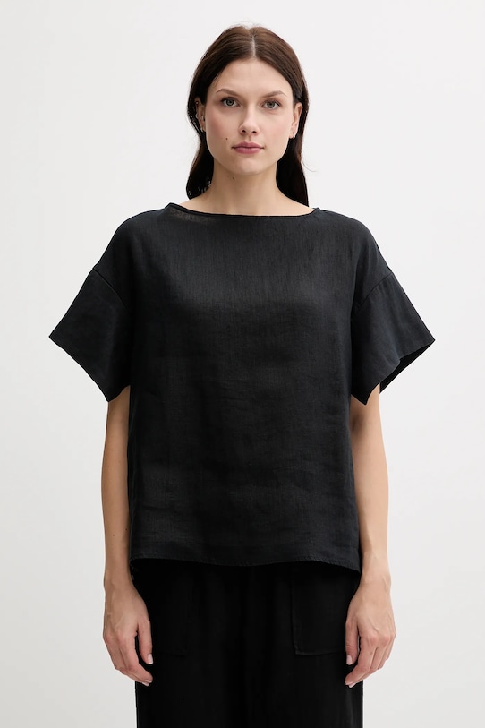 Sisley bluză din in uni negru 5BMLLQ06R