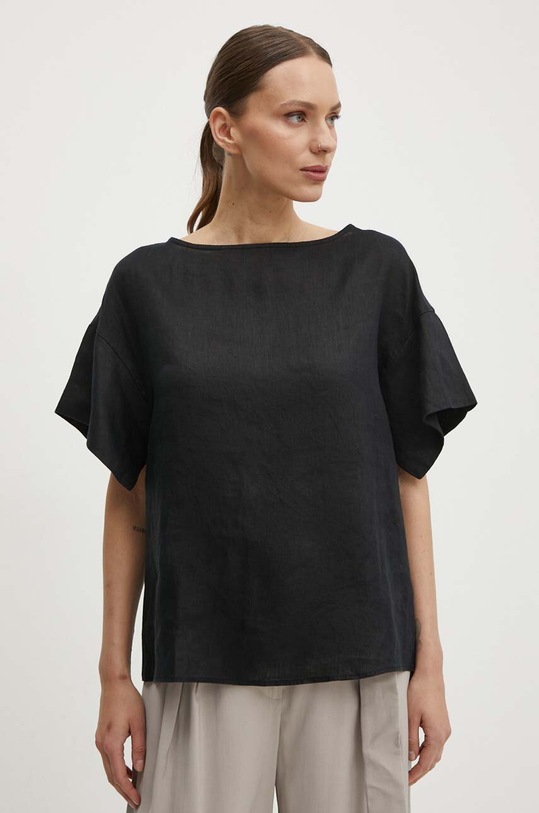 Sisley bluzka lniana casual czarny 5BMLLQ06R