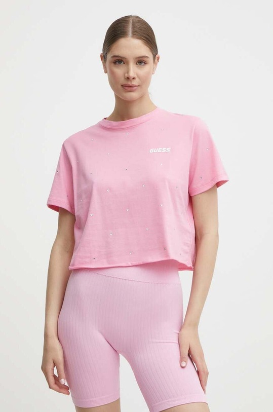 Guess tricou din bumbac SKYLAR imprimeu roz V4GI08.JA914