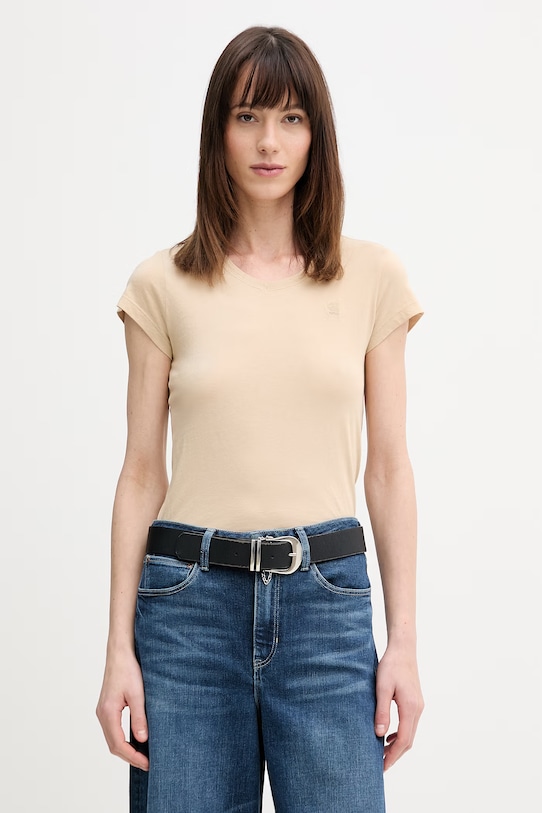 Памучна тениска G-Star Raw вталена бежов D24533.4107