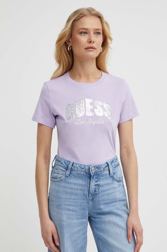 Guess tricou din bumbac imprimeu violet W4GI31.I3Z14