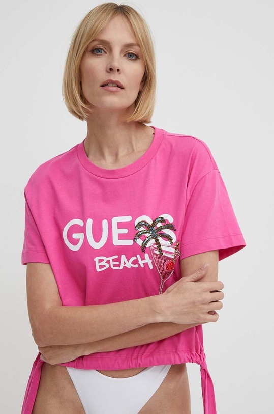 Guess t-shirt plażowy bawełniany okrągły różowy E4GI03.I3Z14