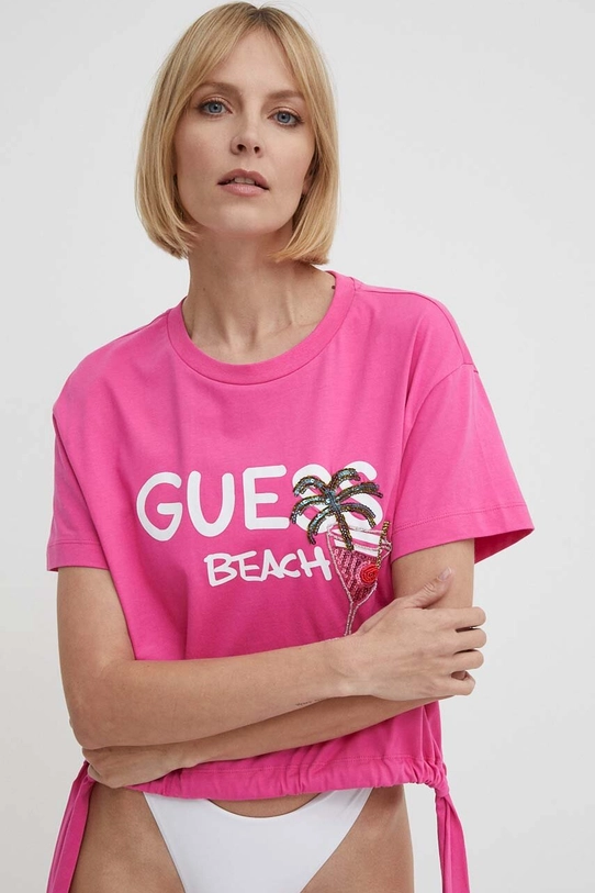 Хлопковая пляжная футболка Guess relaxed розовый E4GI03.I3Z14