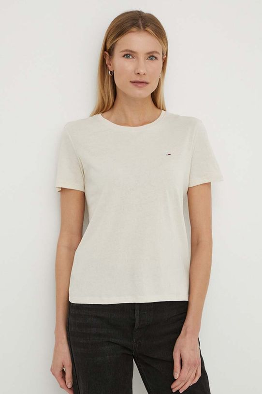Βαμβακερό μπλουζάκι Tommy Jeans κανονικό μπεζ DW0DW14616