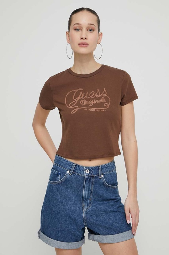 Guess Originals t-shirt z elastanem brązowy W4GI07J1314