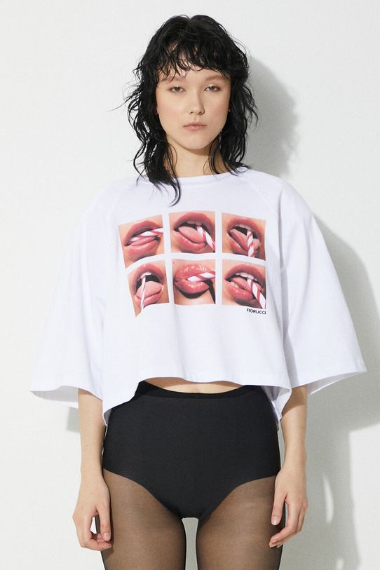 Pamučna majica Fiorucci Mouth Print Cropped Padded T-Shirt relaxed bijela U01FPTSH106CJ01WH01