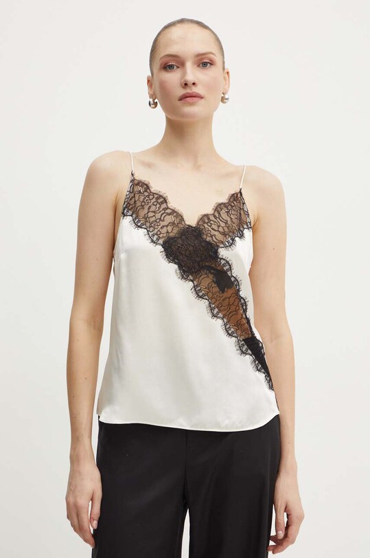 Hedvábný top Custommade Yazmira nášivka béžová 999312101