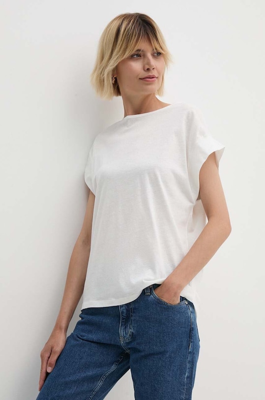 Sisley t-shirt z domieszką lnu regular beżowy 36QKL106H