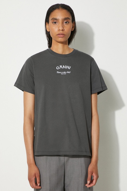 GANNI t-shirt bawełniany Basic Jersey Ganni Relaxed T-shirt nadruk szary T3590