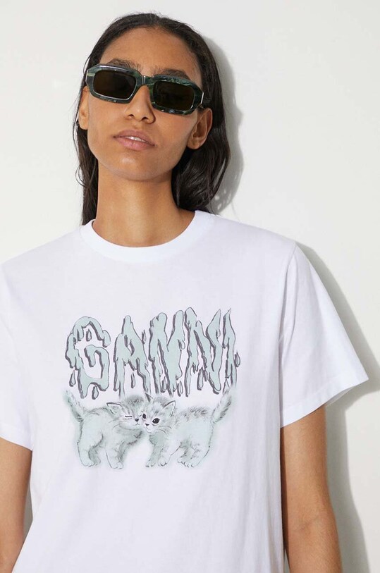 GANNI cotton t-shirt Basic Jersey Love Cats Relaxed T-shirt Planet friendly white T3917