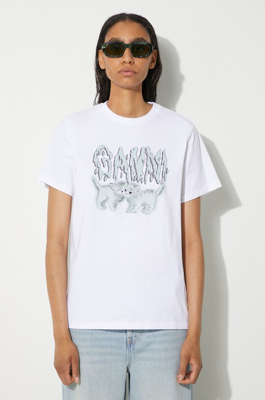GANNI cotton t-shirt Basic Jersey Love Cats Relaxed T-shirt white T3917