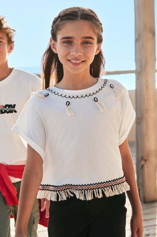 Mayoral t-shirt bawełniany dziecięcy aplikacja beżowy 6006.8E.Junior.PPYH