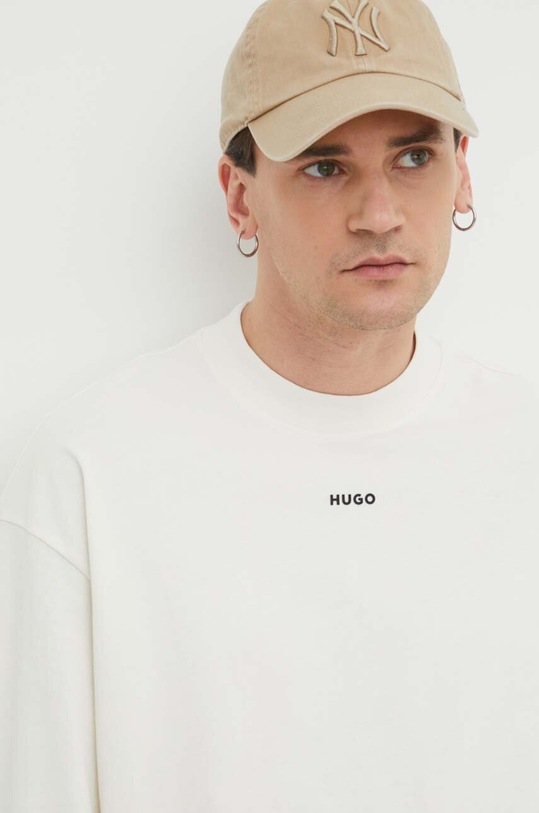 Bavlněné tričko s dlouhým rukávem HUGO Daposo béžová 50511029