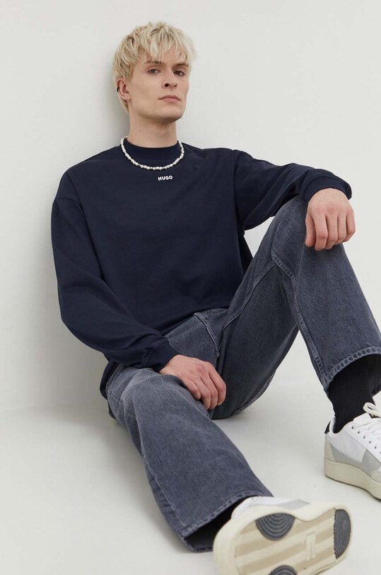 Бавовняний лонгслів HUGO 50511029 темно-синій AW25