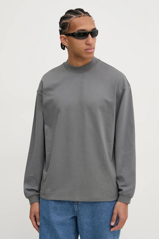 Βαμβακερή μπλούζα με μακριά μανίκια HUGO βαμβάκι γκρί 50511029