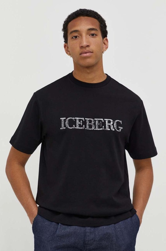 Iceberg t-shirt bawełniany nadruk czarny F075.6307