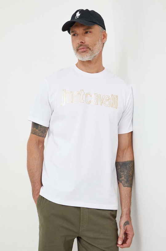 Bavlnené tričko Just Cavalli relaxed biela 76OAHG15.CJ318