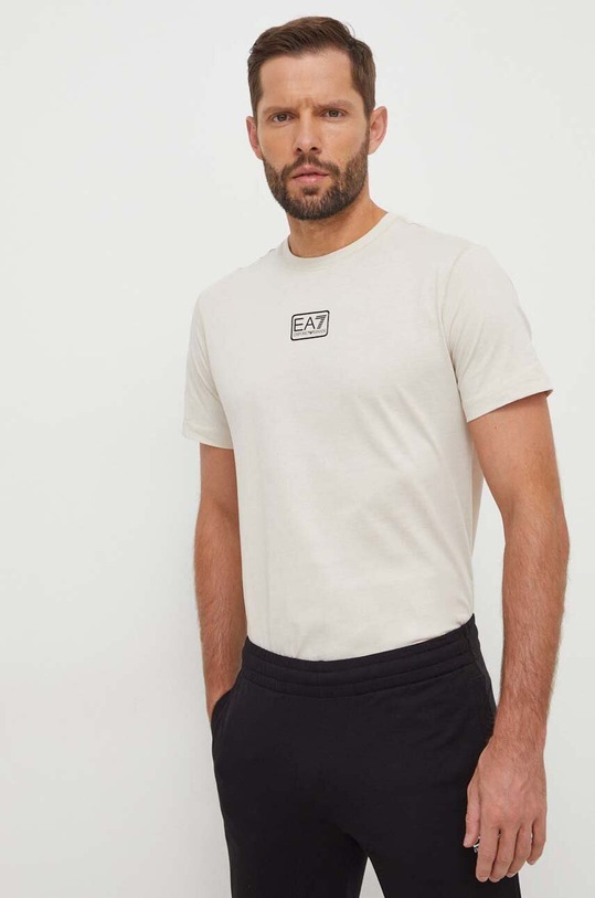 Bombažna kratka majica EA7 Emporio Armani Potisk bež 3DPT05.PJ02Z