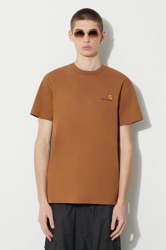 Bavlněné tričko Carhartt WIP S/S American Script T-Shirt hnědá I029956.HZXX