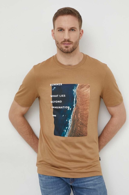 BOSS t-shirt bawełniany nadruk beżowy 50512132
