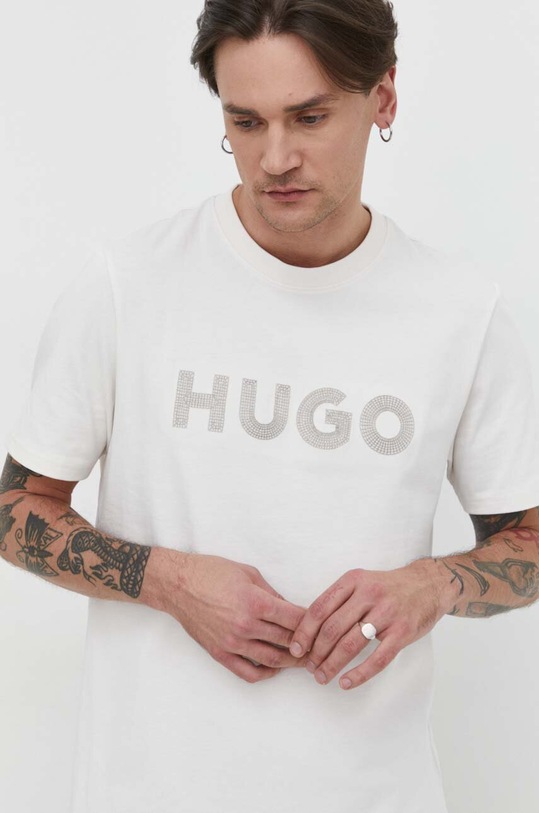 HUGO t-shirt bawełniany aplikacja beżowy 50509958