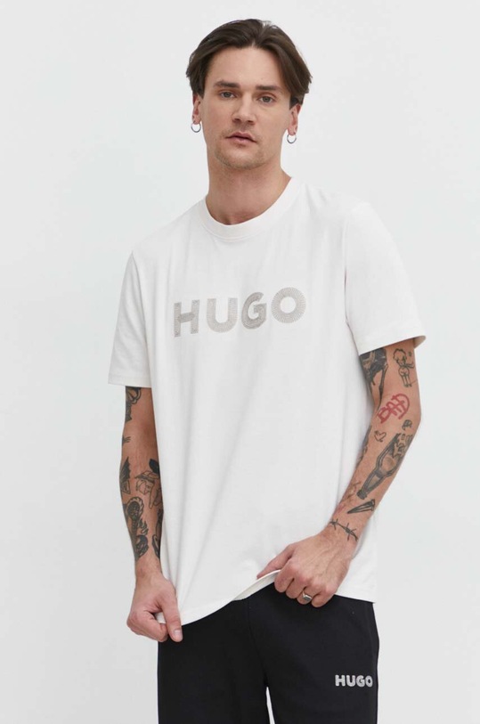 HUGO t-shirt bawełniany beżowy 50509958