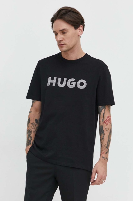 Bavlněné tričko HUGO kulatý černá 50509958