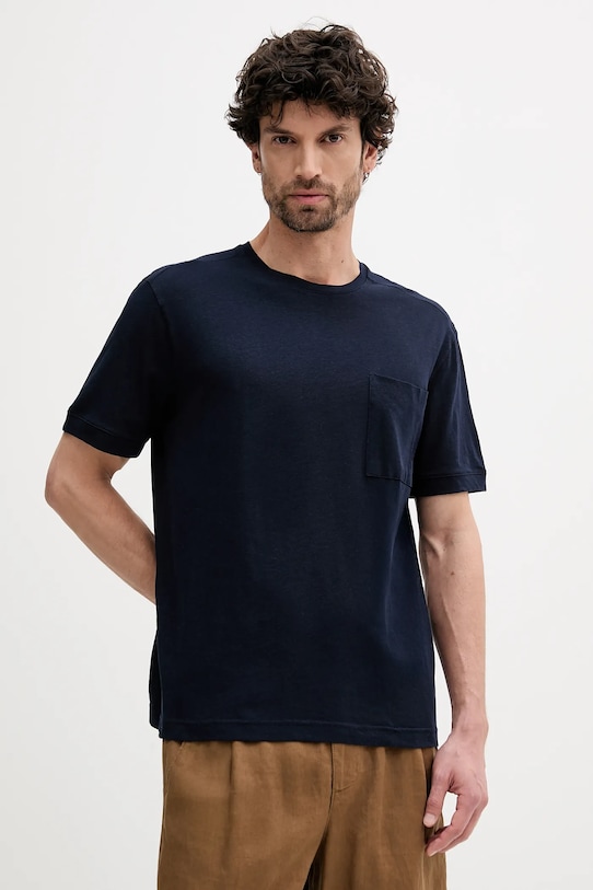 Kratka majica s primesjo lanu United Colors of Benetton mornarsko modra 33CMU101R