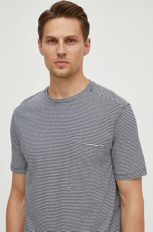 United Colors of Benetton t-shirt z domieszką lnu regular granatowy 31NUU1051