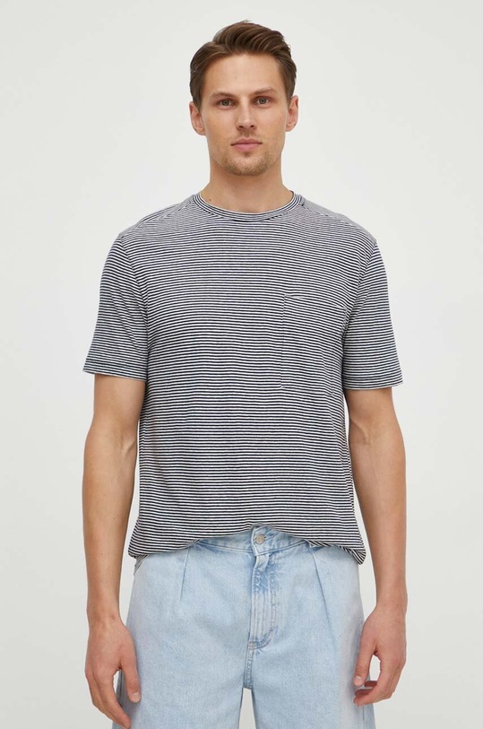United Colors of Benetton t-shirt z domieszką lnu 31NUU1051 granatowy SS24