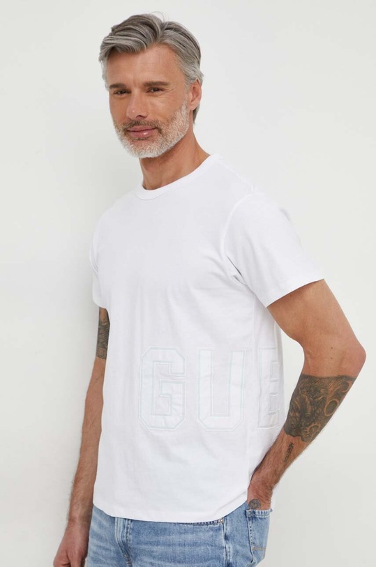T-Shirt Uomo Guess Jeans In Cotone Biologico - Oversize Con Mini Logo Rosso - Bianca - 4