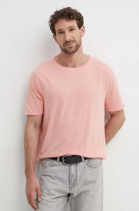 Tommy Hilfiger t-shirt z domieszką lnu okrągły różowy UM0UM03226