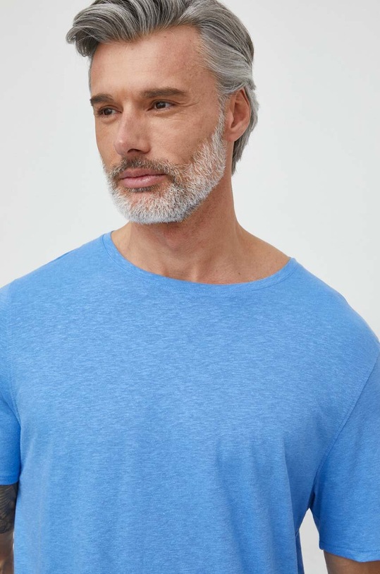 Tommy Hilfiger t-shirt z domieszką lnu okrągły niebieski UM0UM03226
