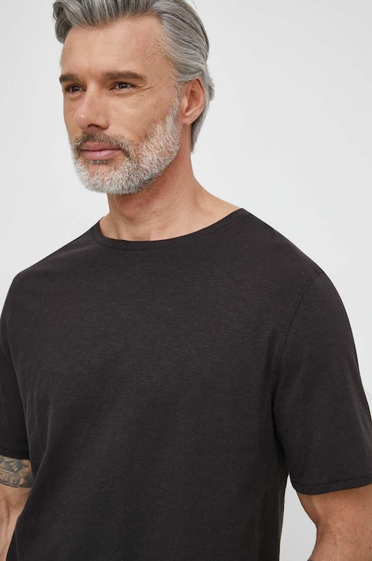 Tommy Hilfiger t-shirt z domieszką lnu okrągły czarny UM0UM03226