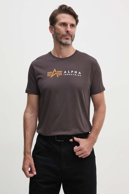 Bavlnené tričko Alpha Industries Label hnedá 118502