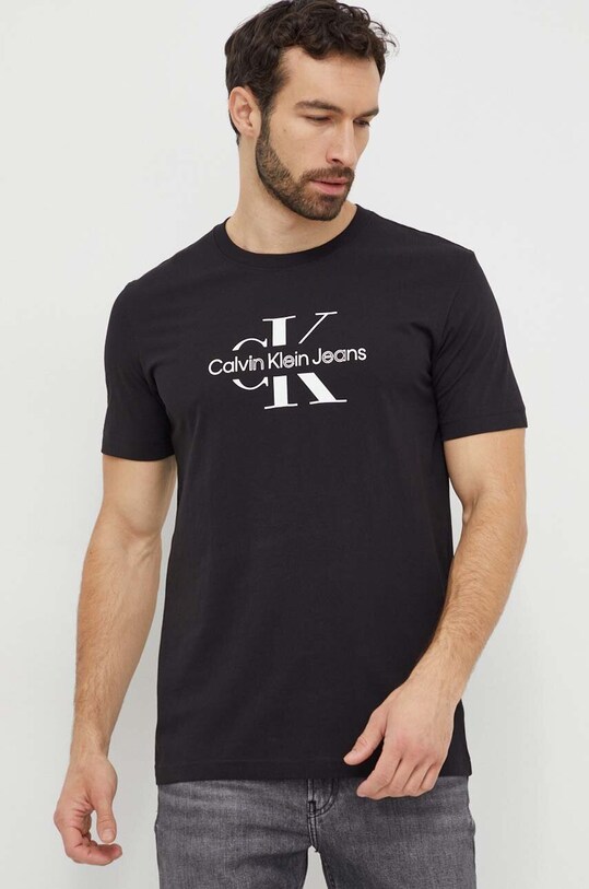 Памучна тениска Calvin Klein Jeans стандартна черен J30J325190