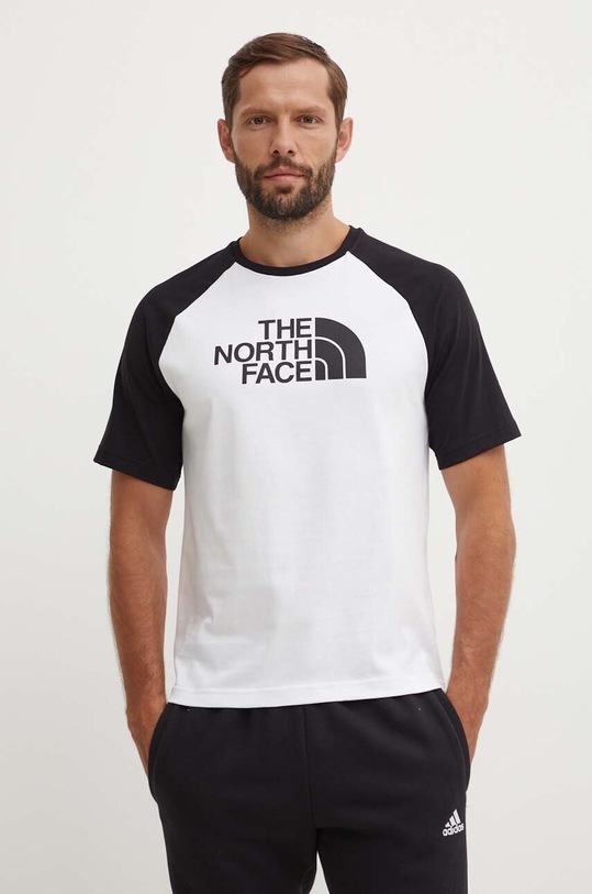Bombažna kratka majica The North Face M S/S Raglan Easy Tee Potisk bela NF0A87N7FN41