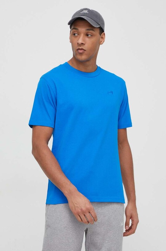 Bavlnené tričko New Balance relaxed modrá MT41533BUL