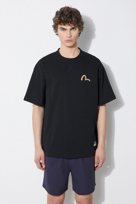 Bavlněné tričko Evisu Seagull Print + Kamon Appliqué Tee relaxed černá 2ESHTM4TS7093