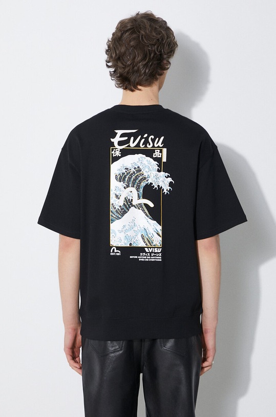 Evisu t-shirt bawełniany Evisu & Wave Print SS Sweatshirt nadruk czarny 2ESHTM4WS7058