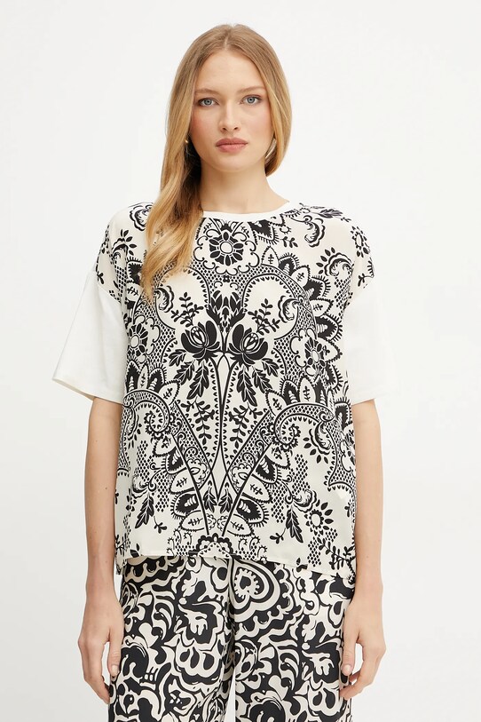 Weekend Max Mara tricou din amestec de mătase flori bej 2515941082600