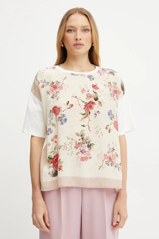 Weekend Max Mara tricou din amestec de mătase flori bej 2515941082600