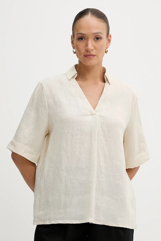 United Colors of Benetton bluză din in cu guler bej 5BMLDQ0B6