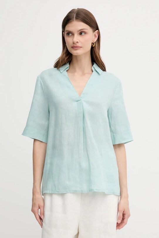 United Colors of Benetton bluză din in cu guler turcoaz 5BMLDQ0B6