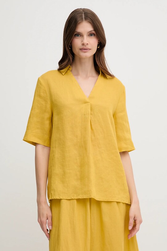United Colors of Benetton bluză din in cu guler galben 5BMLDQ0B6